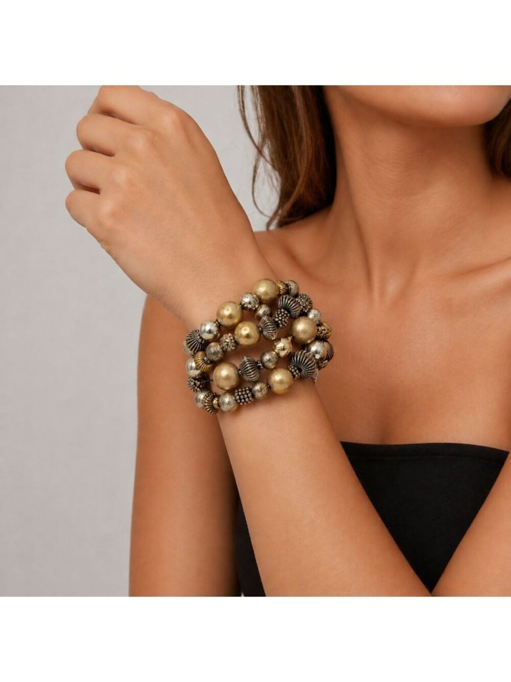 Vintage‎ Chico’s Wrap Bracelet Mixed Metal Beads Triple Strand 1990s Gold Copper